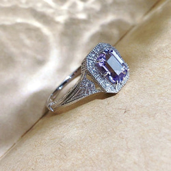 天然アメジスト エメラルドカット キラキラ リング レトロ ゴージャス 指輪 ラグジュアリー 紫水晶 ミル打ち 5枚目の画像