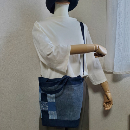 在庫sale】ダメージ風デニムパッチワーク 2wayトートバッグ