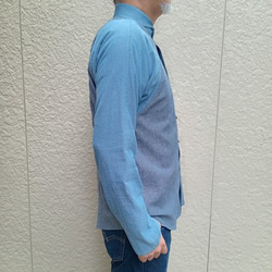 長袖残糸シャンブレー丸衿シャツ（ネイビー×ブルー） 2枚目の画像