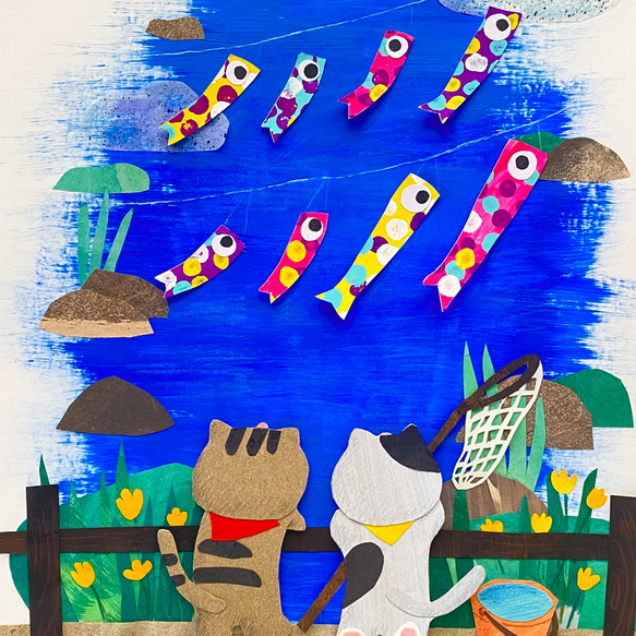 子供の日 猫と鯉のぼりA4 ポスター 送料無料 壁飾り　絵画　インテリア 2枚目の画像