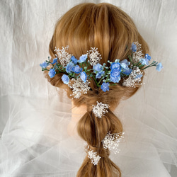 かすみ草　ヘッドドレス　ブルー　青　ブライダル　ウエディング　ヘアアクセサリー　造花　前撮り　フォトウエディング　結婚式 3枚目の画像