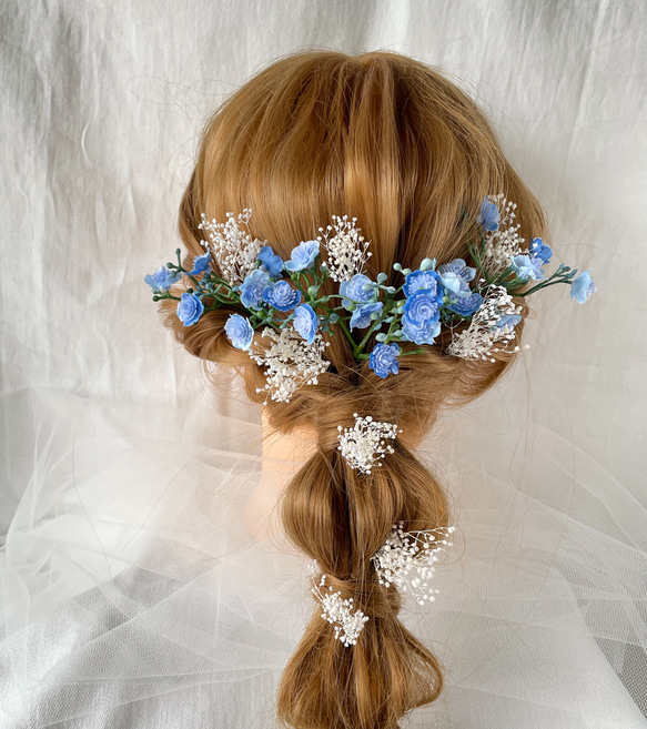 かすみ草　ヘッドドレス　ブルー　青　ブライダル　ウエディング　ヘアアクセサリー　造花　前撮り　フォトウエディング　結婚式 3枚目の画像