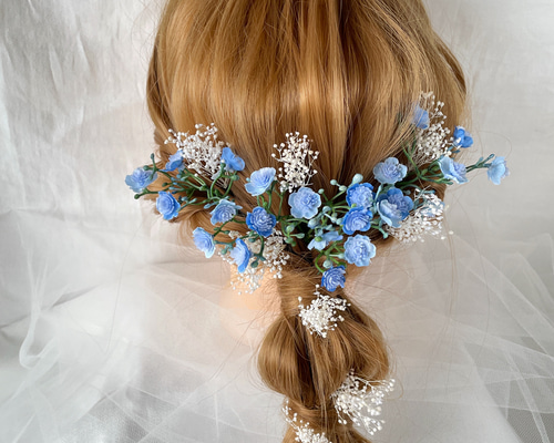 ヘッドドレス♡かすみ草♡紫陽花 青♡水色 リストブーケ ヘッドドレス♡紫陽花♡かすみ草 リストブーケ 青♡水色の通販