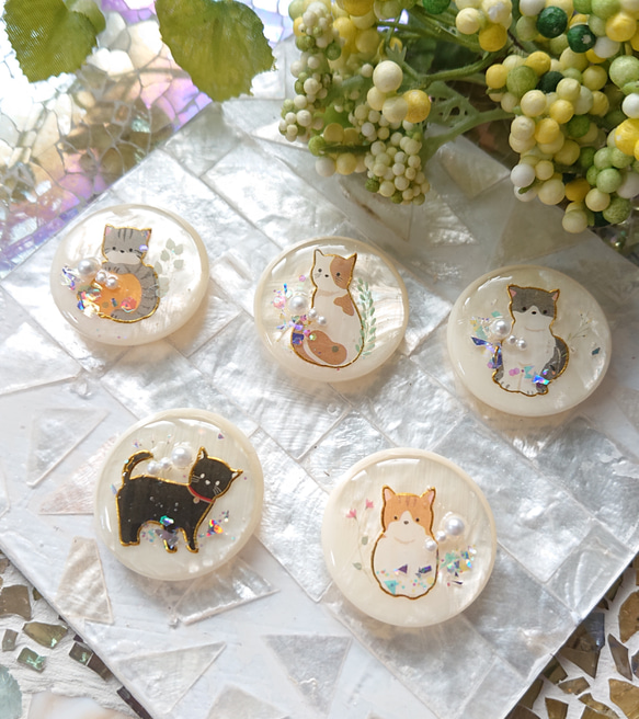 猫のボタン☆5個 s22 ネコ/動物/ボタン/カボション ボタン こうちゃん 