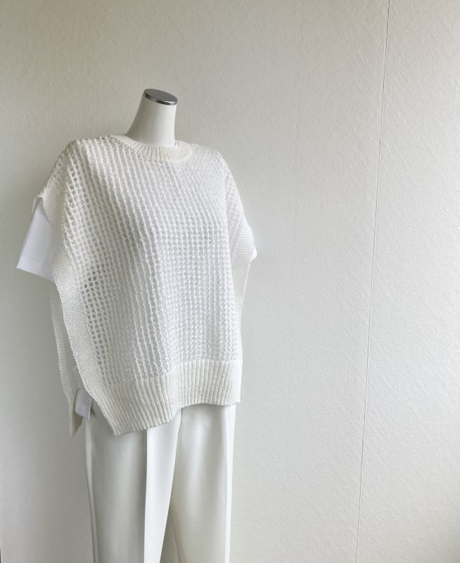 新色【オフホワイト】重ね着コーデ　サラッと！!『和紙』メッシュニットベスト