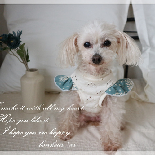ハンドメイド♡犬服 紫陽花とうさぎさんの重ね着風バルーンワンピース 再販］アジサイ柄ワンピース〜ペールブルー〜犬服 紫陽花ブルー 犬服