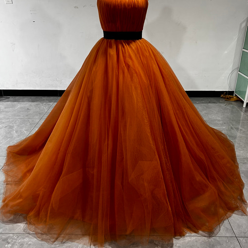 パーティードレス オレンジ サッシュベルト ベアトップ ソフトチュール  
