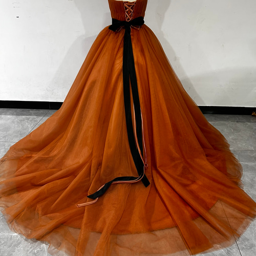 パーティードレス オレンジ サッシュベルト ベアトップ ソフトチュール  