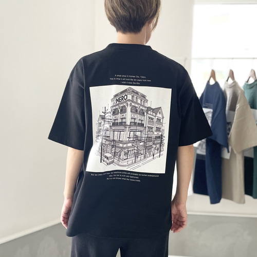45rpm コットンロゴ入りTシャツ　ネイビー ユニセックス】春〜秋まで！厚手USAコットン バックプリントT