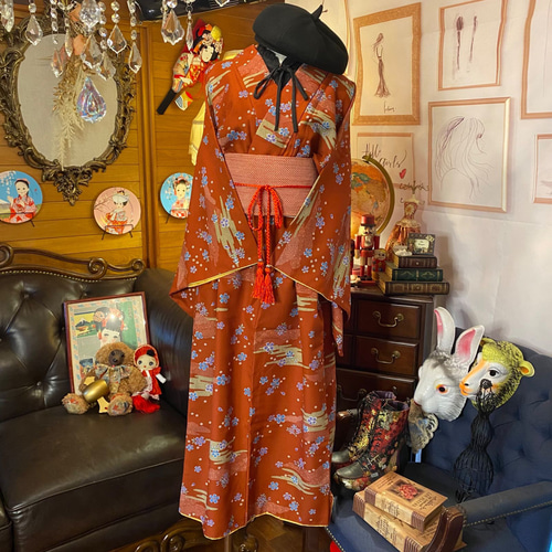 和洋折衷 単衣着物 リメイク ワンピース ドレス サッシュベルト