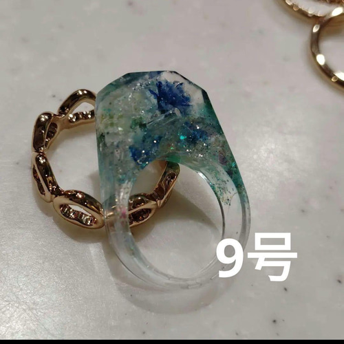 flower in ice】UVレジンリング 9号 ブルー系 指輪・リング hazel leaf