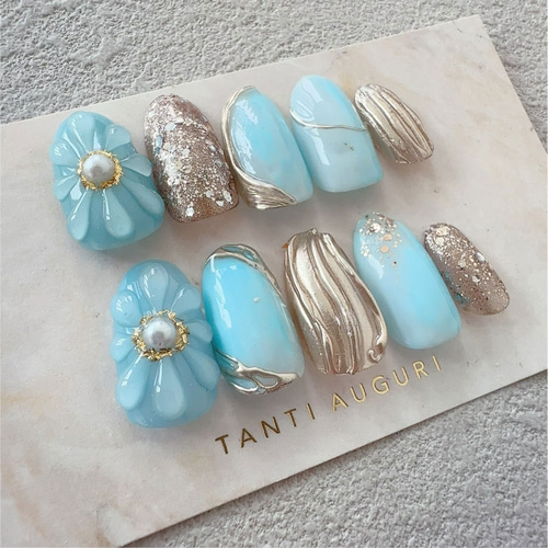 ネイル　ネイルチップ　ブルー　水色　かわいい No.72 ネイルチップ ジェルネイル ブルー 水色 青 押し花ネイル
