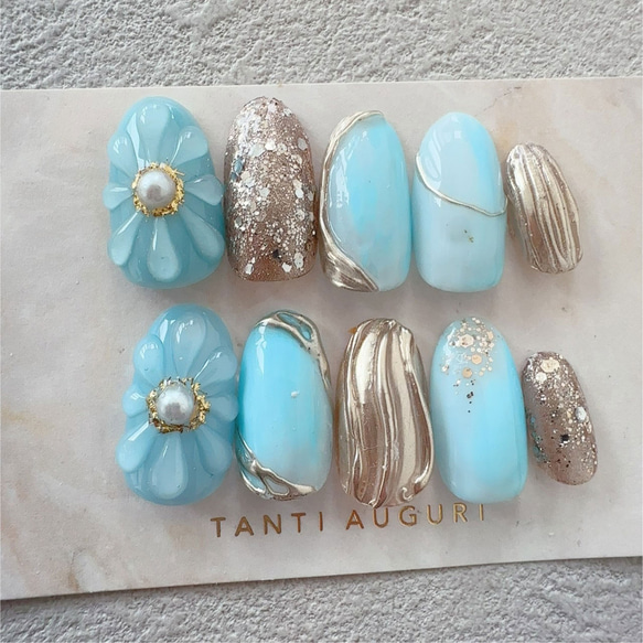 スカイブルー ネイルチップ 水色系 ぷっくりフラワー 花 青系