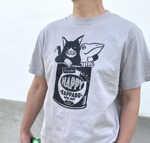 猫とカエルのTシャツ（ライトグレー）男女兼用 4枚目の画像