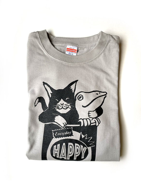 猫とカエルのTシャツ（ライトグレー）男女兼用 1枚目の画像