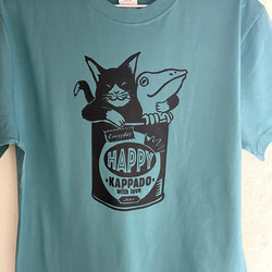 猫とカエルのTシャツ（ヘイジーグリーン）男女兼用 4枚目の画像