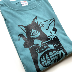 猫とカエルのTシャツ（ヘイジーグリーン）男女兼用 5枚目の画像