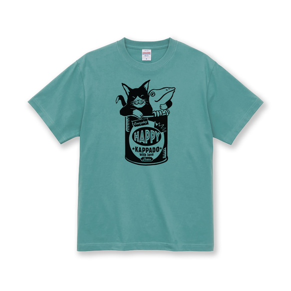 猫とカエルのTシャツ（ヘイジーグリーン）男女兼用 3枚目の画像
