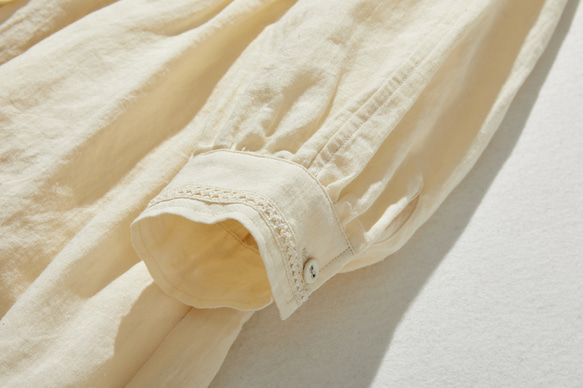 引人注目的蕾絲長裙，100% 亞麻，淺黃色，240325-2 第7張的照片