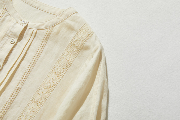 引人注目的蕾絲長裙，100% 亞麻，淺黃色，240325-2 第3張的照片