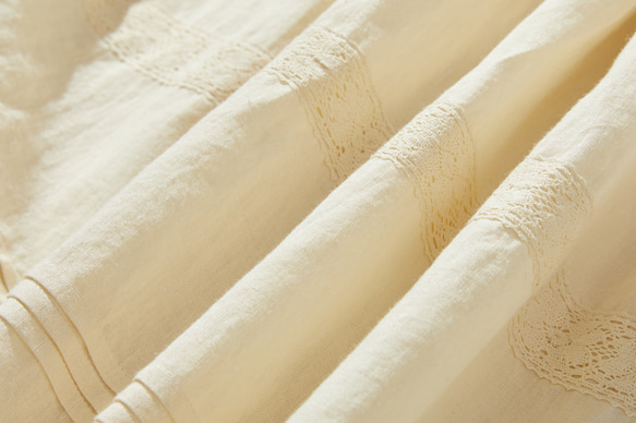 引人注目的蕾絲長裙，100% 亞麻，淺黃色，240325-2 第14張的照片