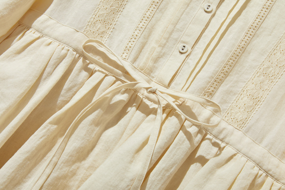 引人注目的蕾絲長裙，100% 亞麻，淺黃色，240325-2 第6張的照片