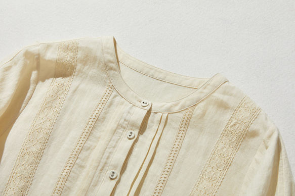 引人注目的蕾絲長裙，100% 亞麻，淺黃色，240325-2 第2張的照片