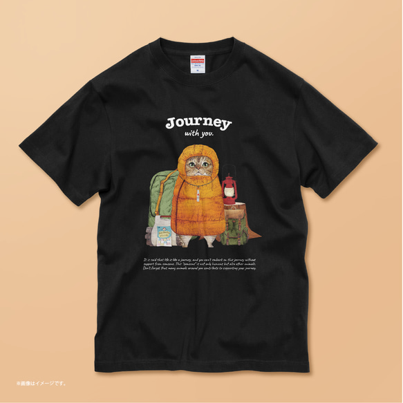 「Journey with you キャンパーのネコ」コットンTシャツ/送料無料 1枚目の画像