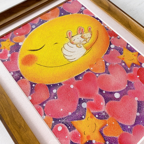≪やさしい満月に抱かれるうさぎ≫うさぎの絵 パステル画 ≪やさしい満月に抱かれるうさぎ≫うさぎの絵 パステル画