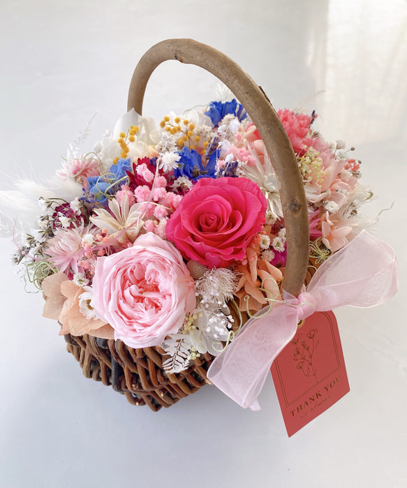 HANDMADE プリザーブドフラワー アレンジメント 花籠 薔薇 薔薇とカーネーション プリザーブドフラワー 花籠 フラワーバスケット