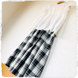 播州織 先染め格子柄ふんわりタックギャザースカート 便利な両脇ポケット付き 1枚目の画像