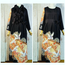 橋に群鶴松竹梅柄＊正絹金彩黒留袖ワンピースM～L＆ギャザーストール