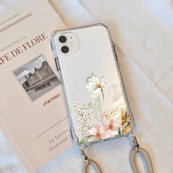 ボタニカルフラワー柄【スマホケース&ストラップ付】iPhoneクリア