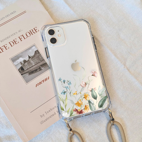 ボタニカルフラワー柄 名入れ無料【スマホケース&ストラップ付】iPhone