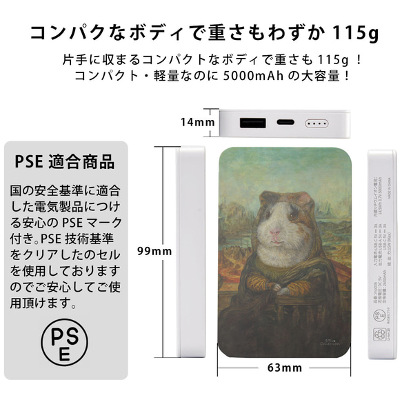 モバイルバッテリー かわいい 充電器 iPhone Android モルモット モナリザ 名画 絵画＊名入れ可 6枚目の画像