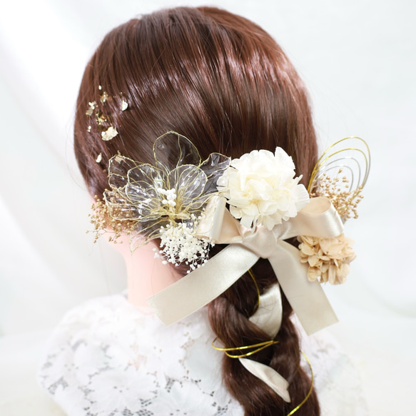 アメリカンフラワー　結婚式髪飾り　ウェディング　ヘッドドレス　成人式　七五三　卒業式　ヘアアクセサリー　リボン A4 1枚目の画像