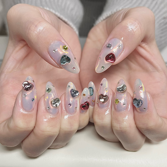 No.103】オーロラカラフル ハート ネイルチップ 個性派 ゴテゴテ 埋め