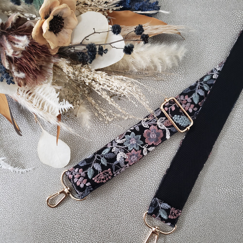 ショルダーストラップ インド刺繍リボン スマホストラップ ブラック 