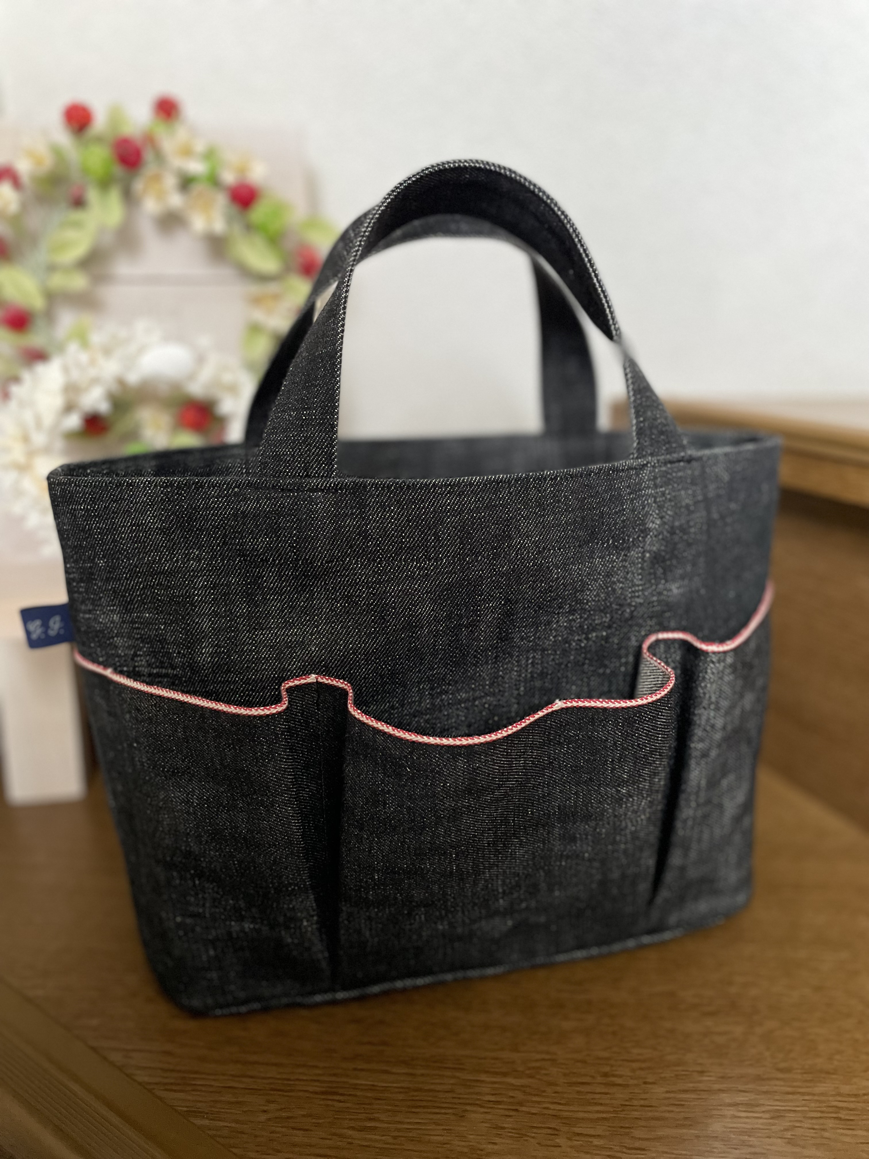 赤耳黒デニム※ポケット付きトートbag