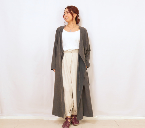 大人のロングカシュクール、コットンリネンのコートワンピース、羽織  