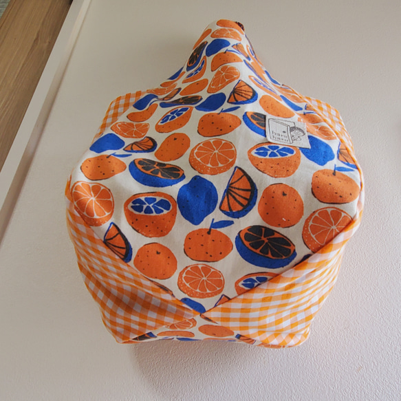 大きめころりんマルシェトートバッグ (柑橘系フルーツ柄×ギンガムチェック柄) 5枚目の画像