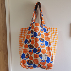大きめころりんマルシェトートバッグ (柑橘系フルーツ柄×ギンガムチェック柄) 3枚目の画像