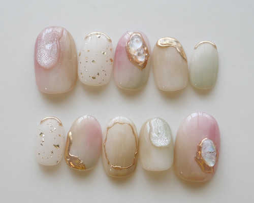 ネイルチップニュアンスぷっくり花リボンミラー淡色【現品】990 fe80aac3fb4fa3483343e645c41c1a