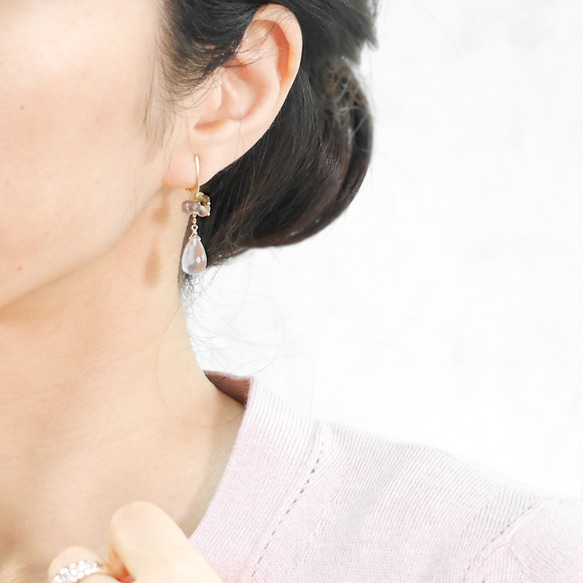 #1005 最優質切割玫瑰石英花束耳環 14KGF/K10 第9張的照片
