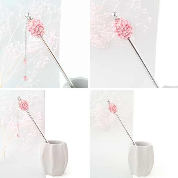 紙のとんぼ玉 2way  箱付き「優しい桜色の花くす玉かんざし」 ネジ式一本軸簪 4枚目の画像