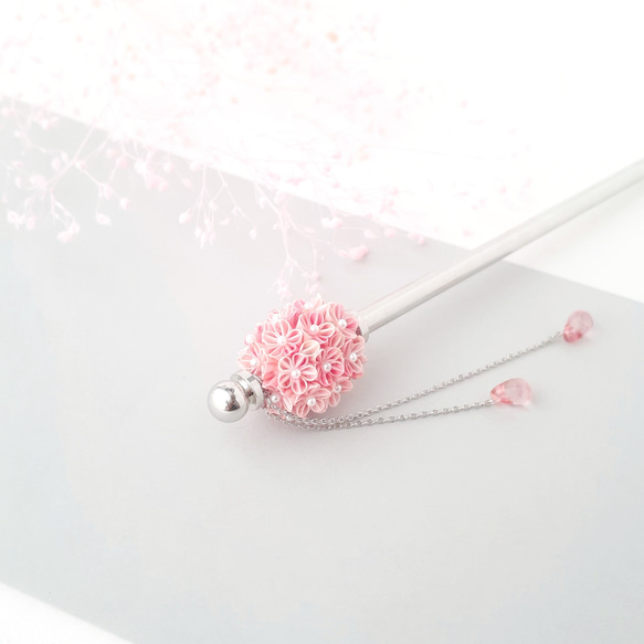 紙のとんぼ玉 2way  箱付き「優しい桜色の花くす玉かんざし」 ネジ式一本軸簪 2枚目の画像