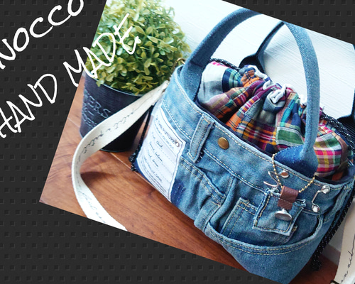 No.426【DENIM✖️Checkパッチ❇️全面あおりポケット巾着BAG