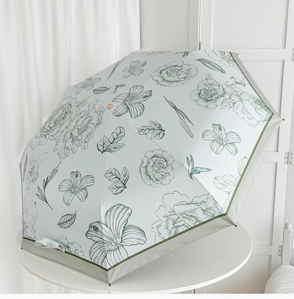 日差し対策 日傘 雨傘 晴雨兼用傘 紫外線対策 花柄 カラー 折り畳み傘 傘袋付き グリーン 1枚目の画像