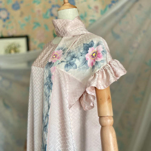 訪問着 サテン 友禅染 フリルスリーブワンピース&リボンベルト 着物  