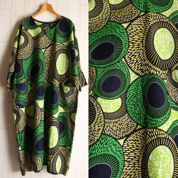 アフリカンプリント ワンピース ポケット付き グリーン 緑 大きいサイズ 送料無料 1枚目の画像